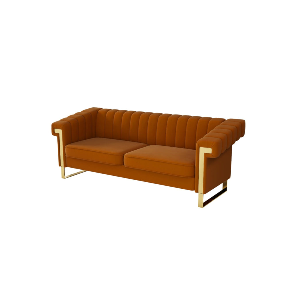 Orange Velvet Channel Tufted Sofa with Gold Metal Legs M734