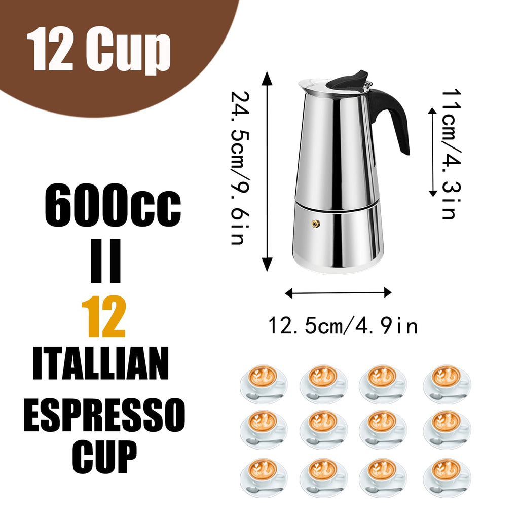 12 Cup Stainless Steel Stovetop Espresso Moka Pot 600ml Y49441