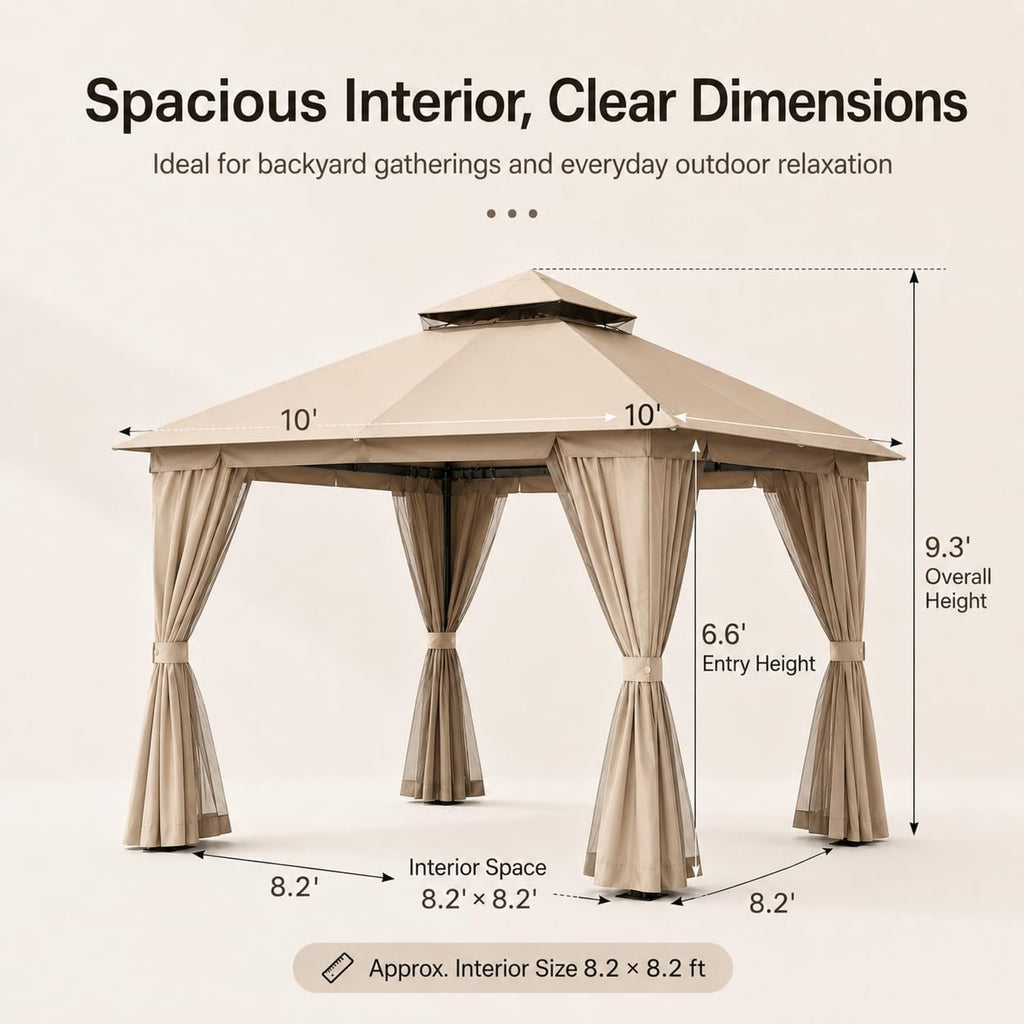 10'x10' Heavy Duty Metal Outdoor Gazebo with Double Roof, Mosquito Netting & Privacy Curtains, Khaki D62361