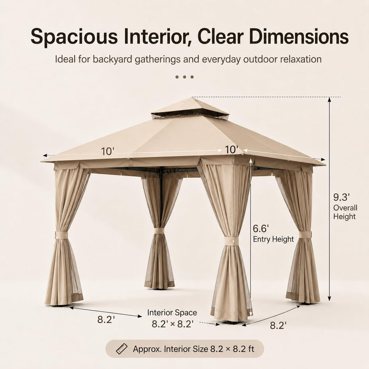10'x10' Heavy Duty Metal Outdoor Gazebo with Double Roof, Mosquito Netting & Privacy Curtains, Khaki D62361