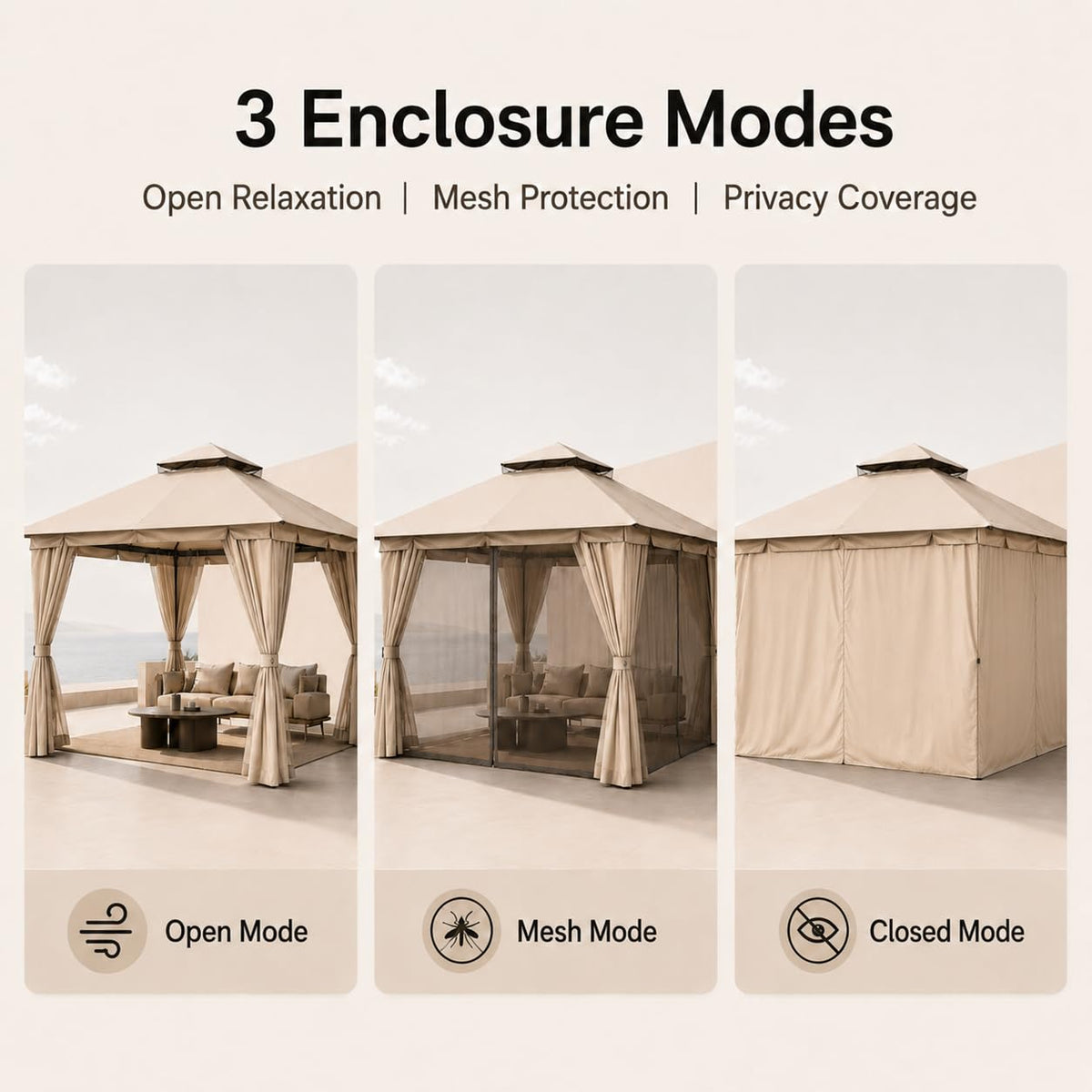 10'x10' Heavy Duty Metal Outdoor Gazebo with Double Roof, Mosquito Netting & Privacy Curtains, Khaki D62361