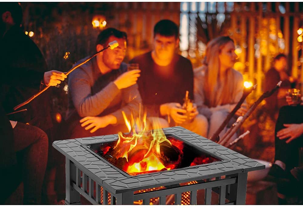 32'' Wood Burning Square Fire Pit with Grill Grate C786345