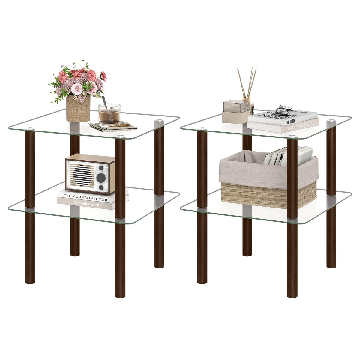 Square End Table Set of 2, 2-Tier Glass Top Sofa Side Table G6015