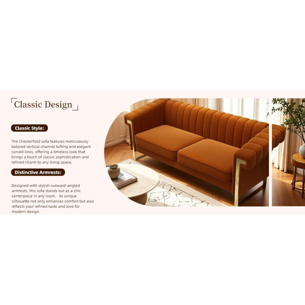 Orange Velvet Channel Tufted Sofa with Gold Metal Legs M734
