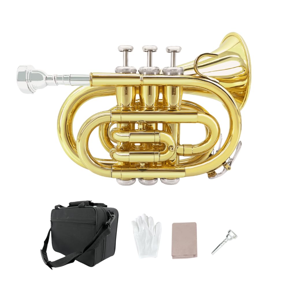 Pocket Trumpet Mini Brass Instrument with 7C Mouthpiece & Case X1304