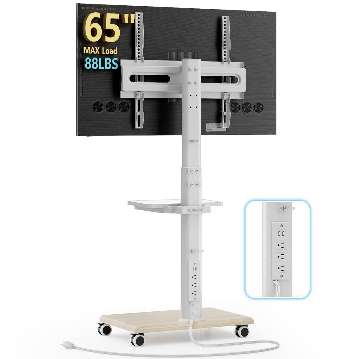 Mobile TV Stand with Power Outlets & Shelf, 27-65 Inch Swivel Height Adjustable White A7173