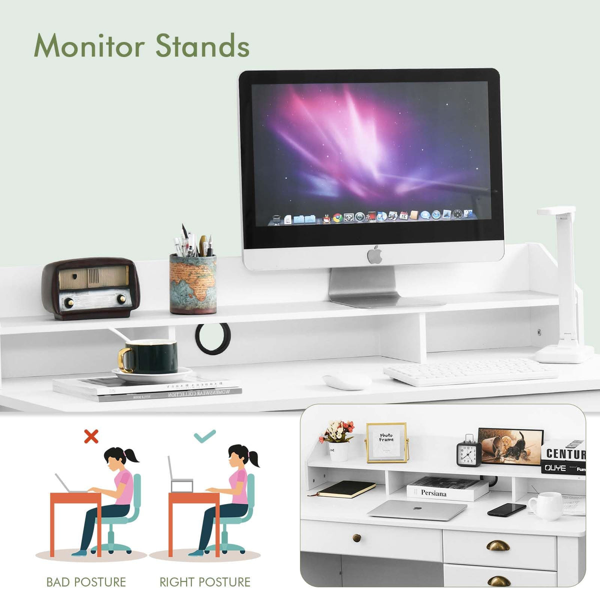 White Computer Desk with Drawers and Hutch S228