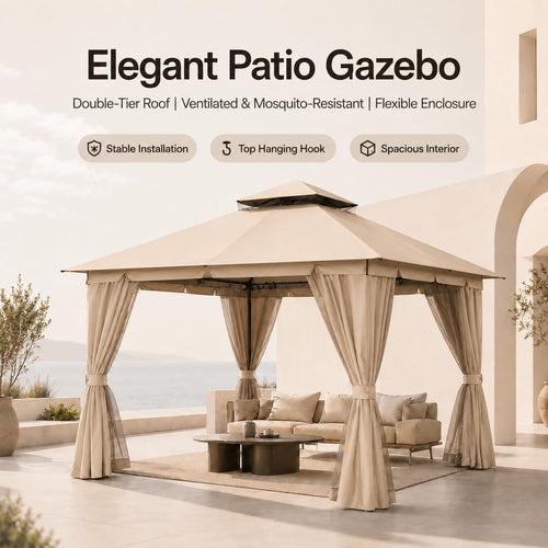 10'x10' Heavy Duty Metal Outdoor Gazebo with Double Roof, Mosquito Netting & Privacy Curtains, Khaki D62361