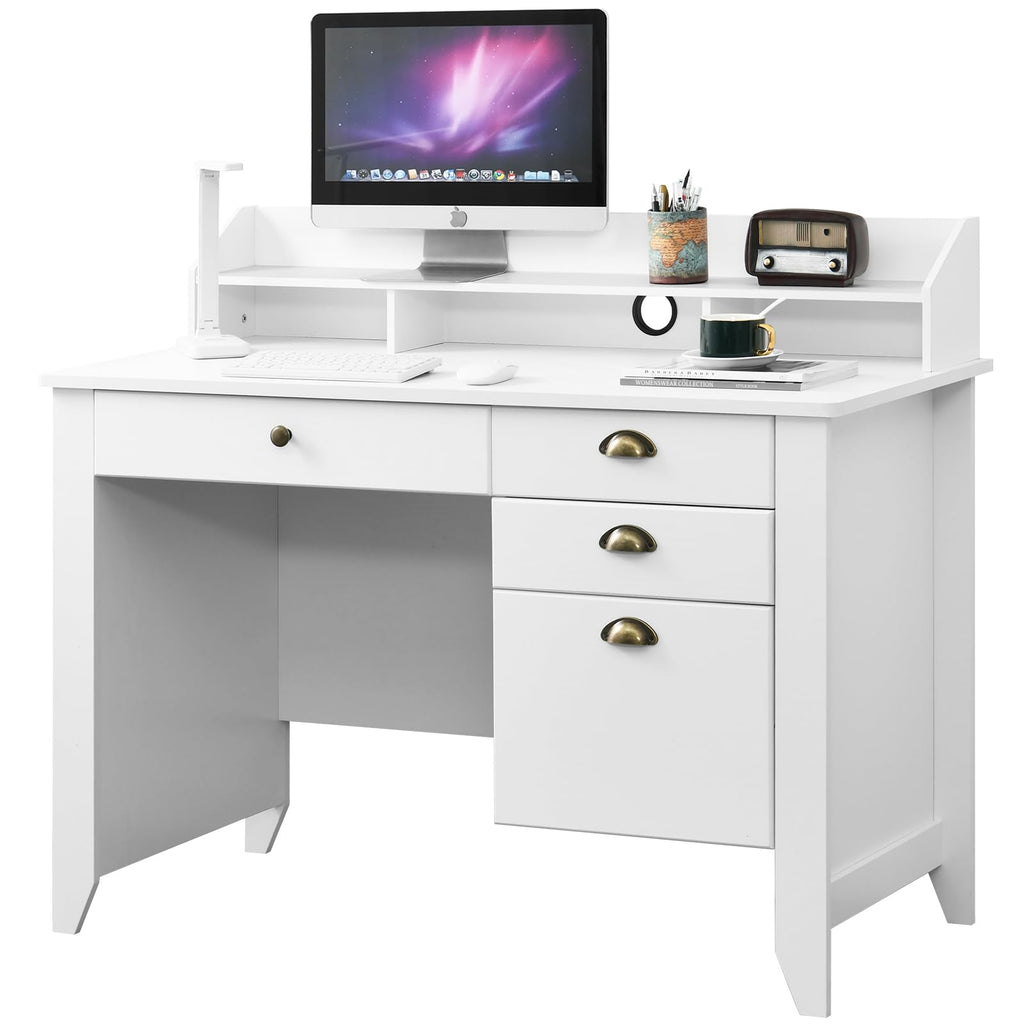 White Computer Desk with Drawers and Hutch S228