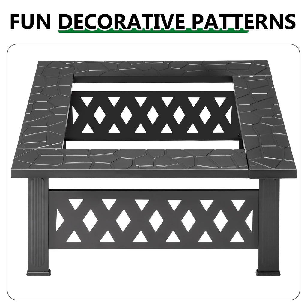 32 Inch Square Wood Burning Fire Pit Table with Spark Screen and Fire Poker B2923
