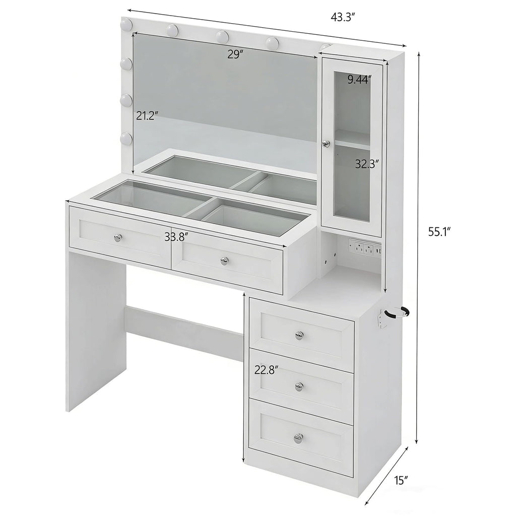 White Vanity Desk with LED Lights Mirror and 5 Storage Drawers O1654