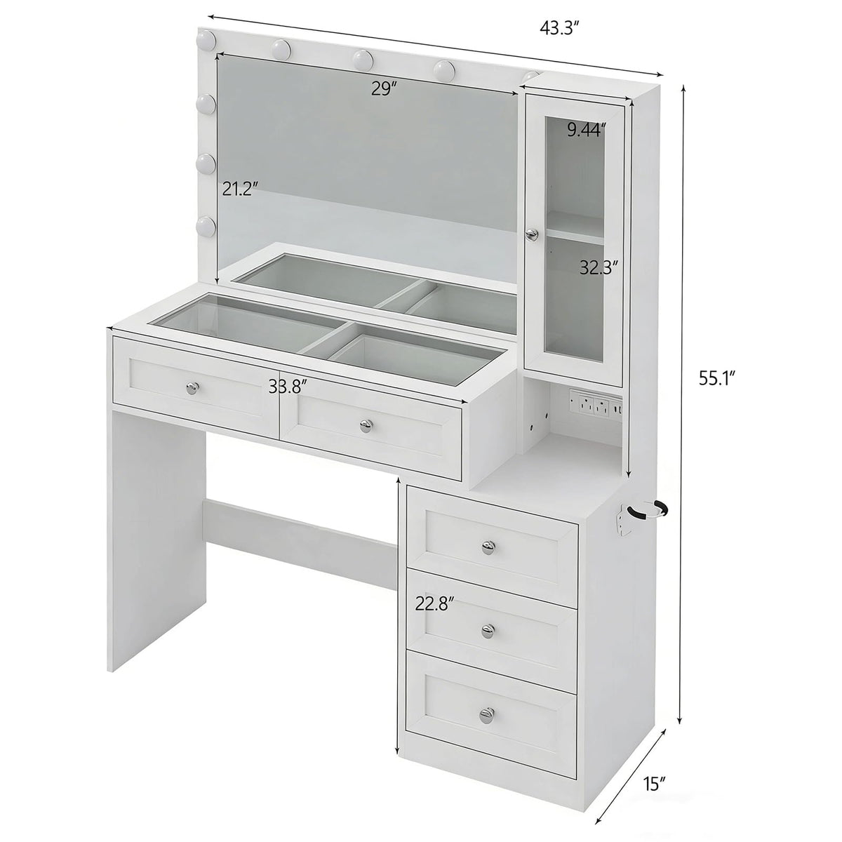 White Vanity Desk with LED Lights Mirror and 5 Storage Drawers O1654