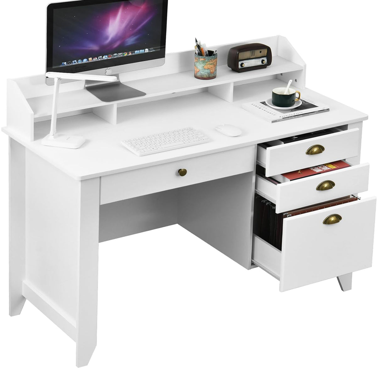 White Computer Desk with Drawers and Hutch S228