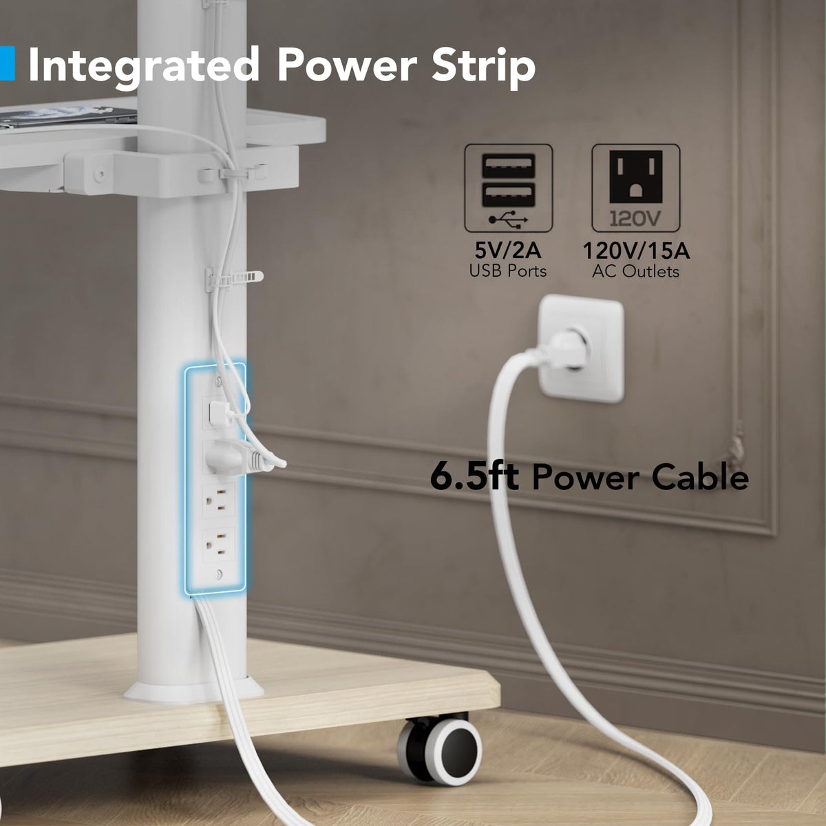 Mobile TV Stand with Power Outlets & Shelf, 27-65 Inch Swivel Height Adjustable White A7173