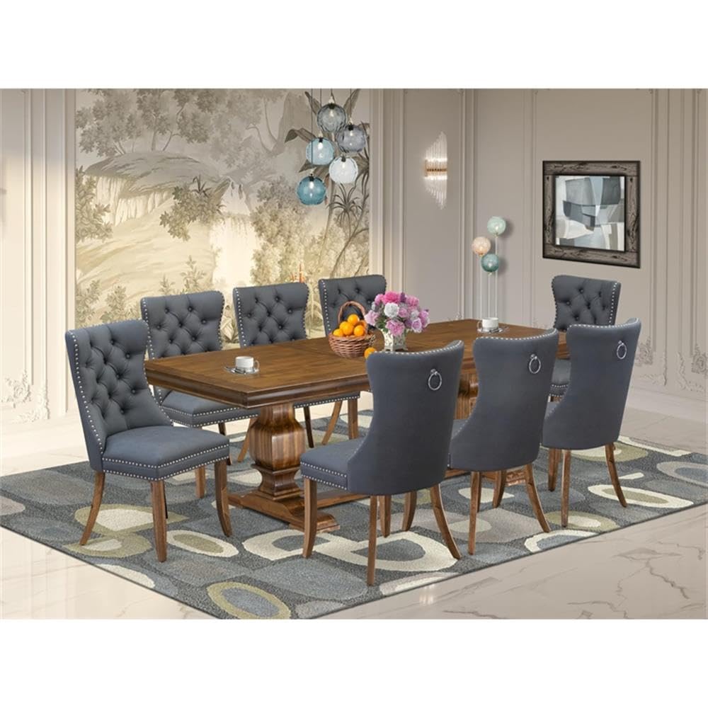 9-Piece Acacia Wood Dining Table Set with Faux Leather Chairs R84304
