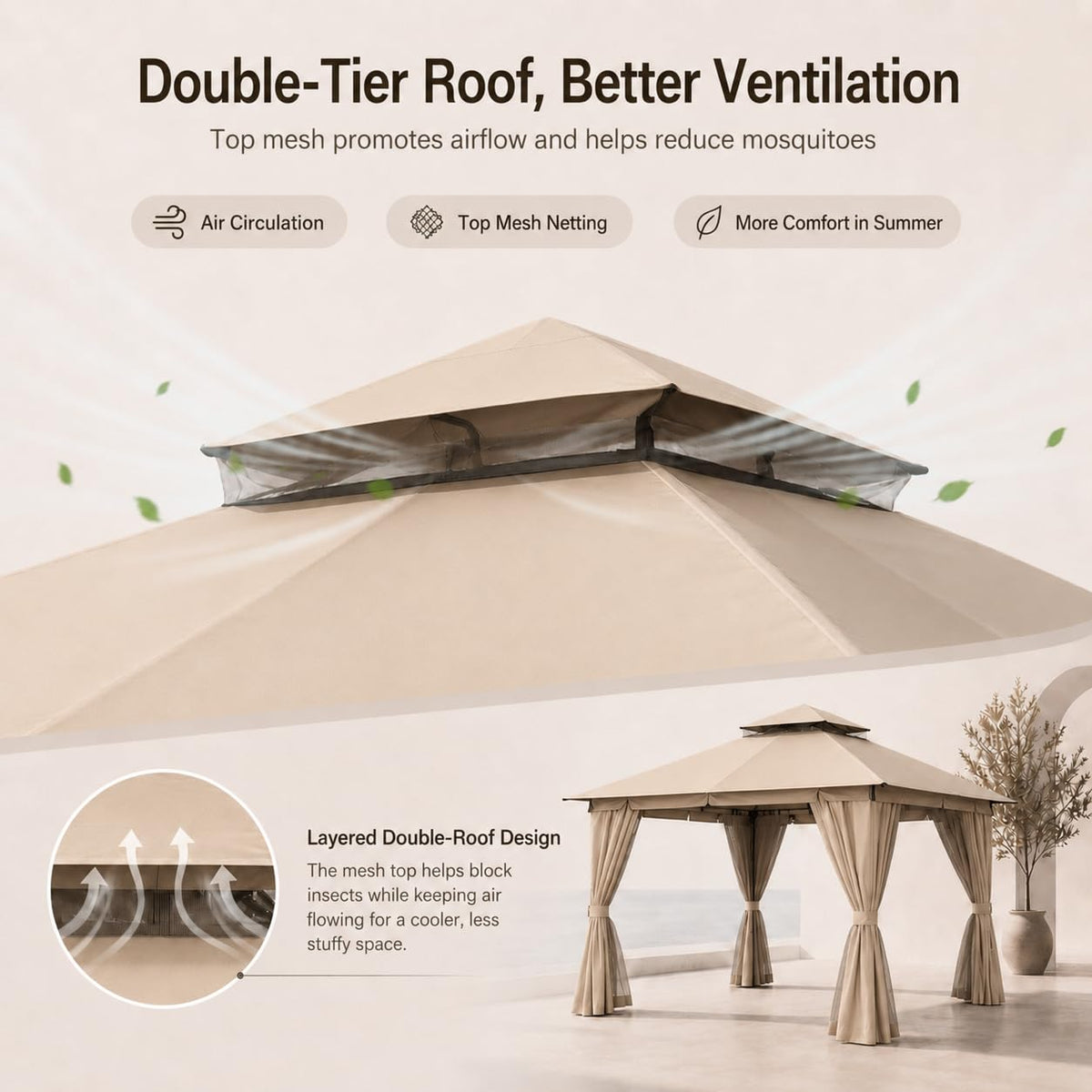 10'x10' Heavy Duty Metal Outdoor Gazebo with Double Roof, Mosquito Netting & Privacy Curtains, Khaki D62361