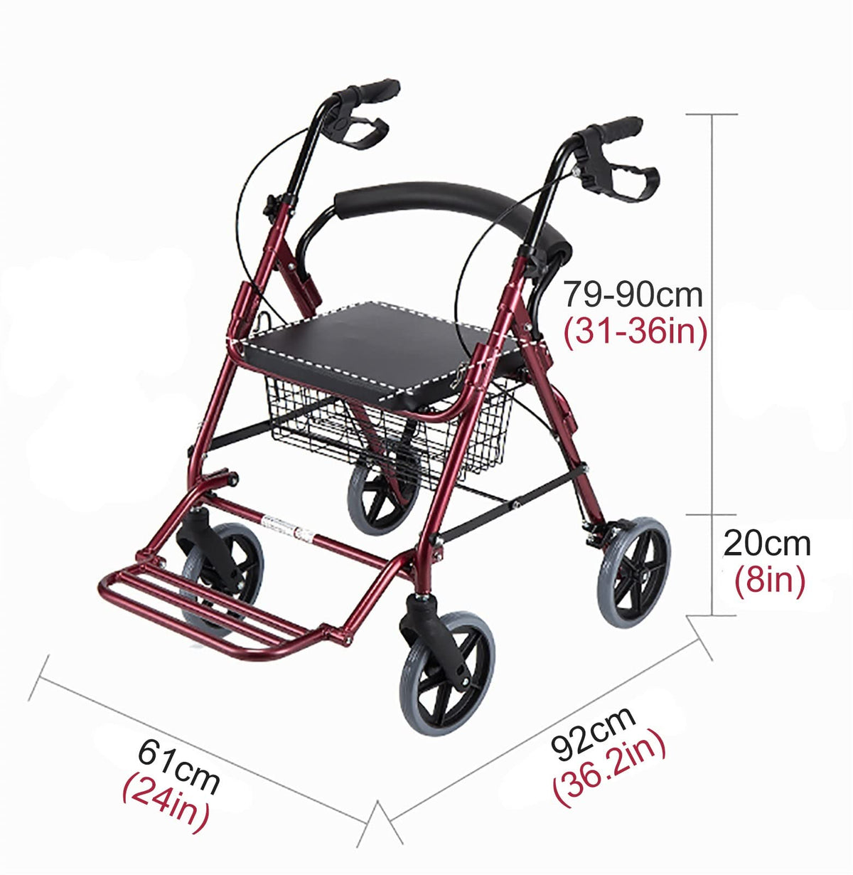Foldable Rollator Walker with Leather Seat, 8inch Wheels, Brakes and Footrest N331