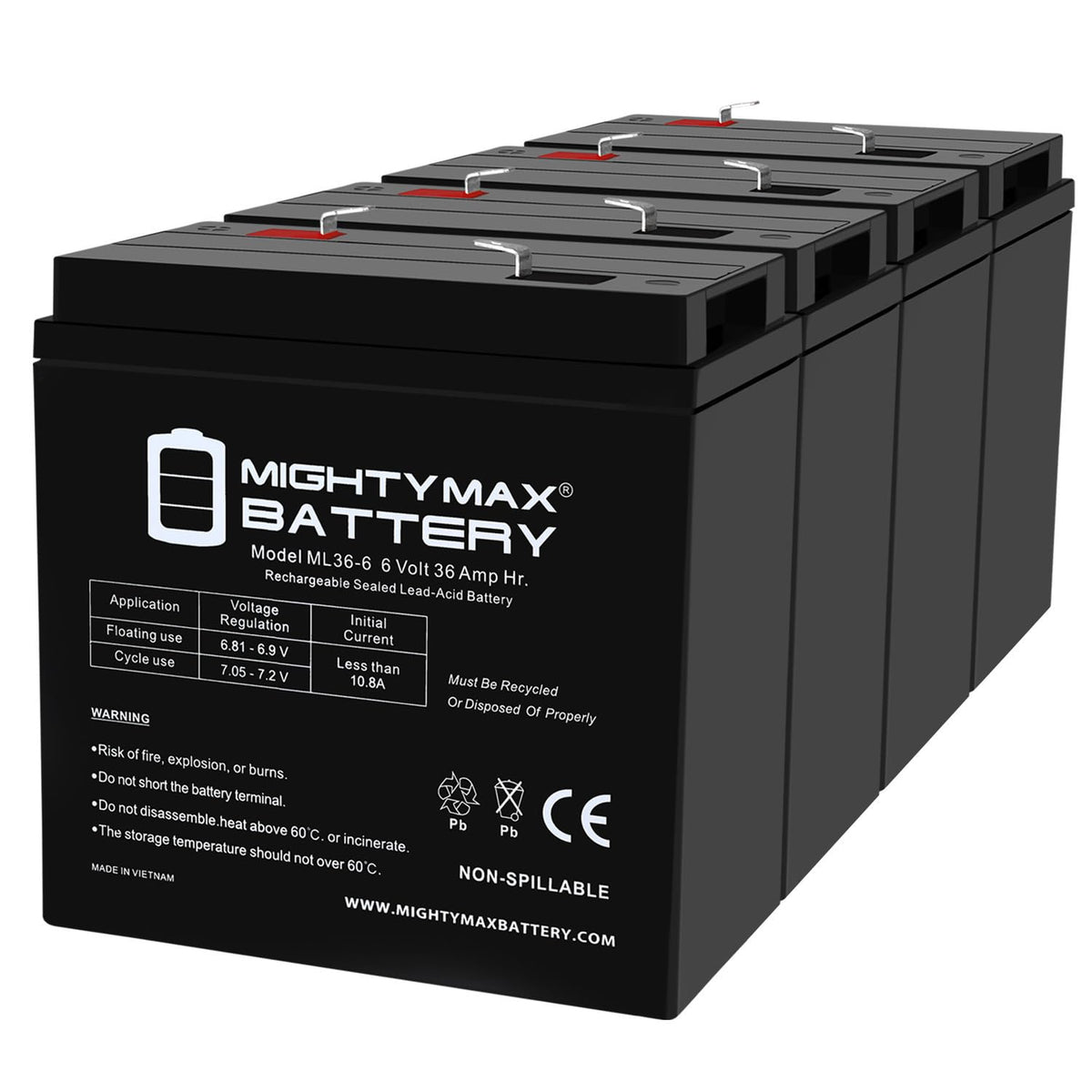 6 Volt 36 AH Rechargeable SLA AGM Battery 4 Pack J512