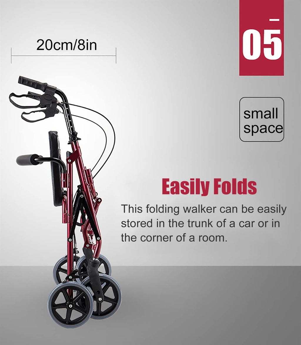 Foldable Rollator Walker with Leather Seat, 8inch Wheels, Brakes and Footrest N331