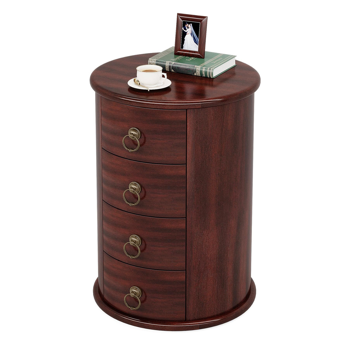 Solid Wood Round End Table with 4 Drawers E6340