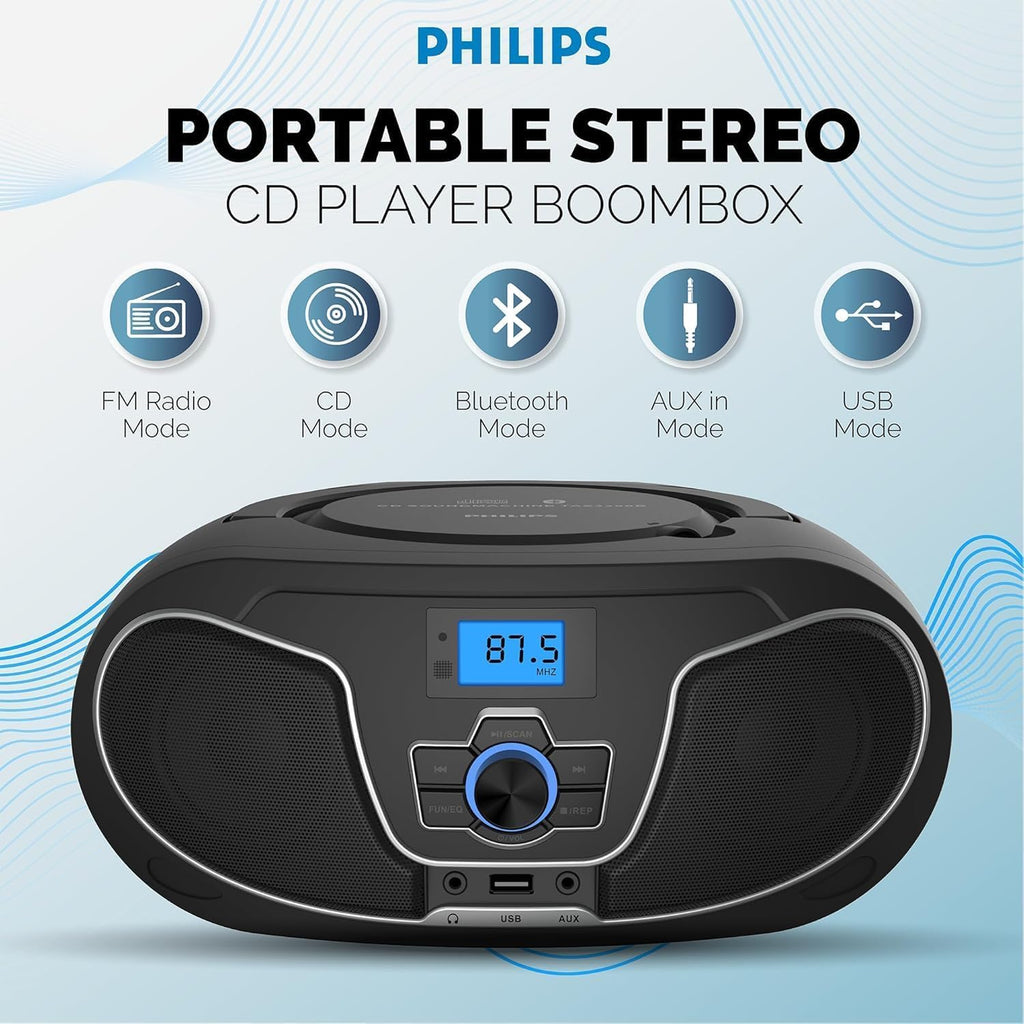 Portable CD Player Boombox with Bluetooth, FM Radio, USB Playback & AUX Input L1382