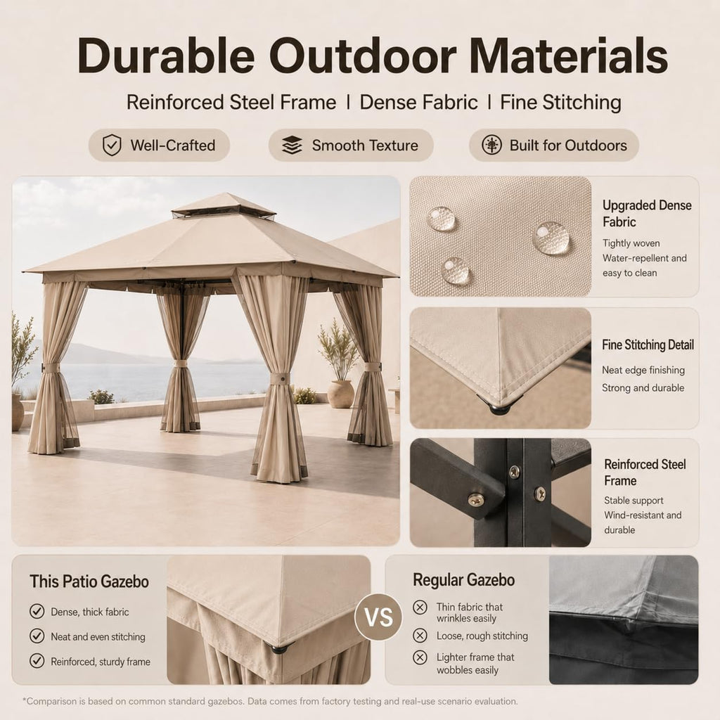 10'x10' Heavy Duty Metal Outdoor Gazebo with Double Roof, Mosquito Netting & Privacy Curtains, Khaki D62361