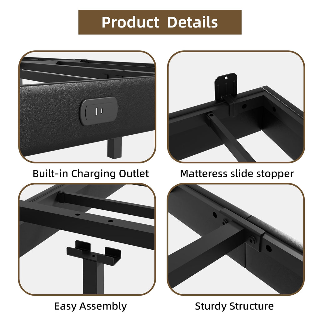 Black Floating Upholstered Platform Bed Frame Full Size with LED Lights and Charging Station Q176526