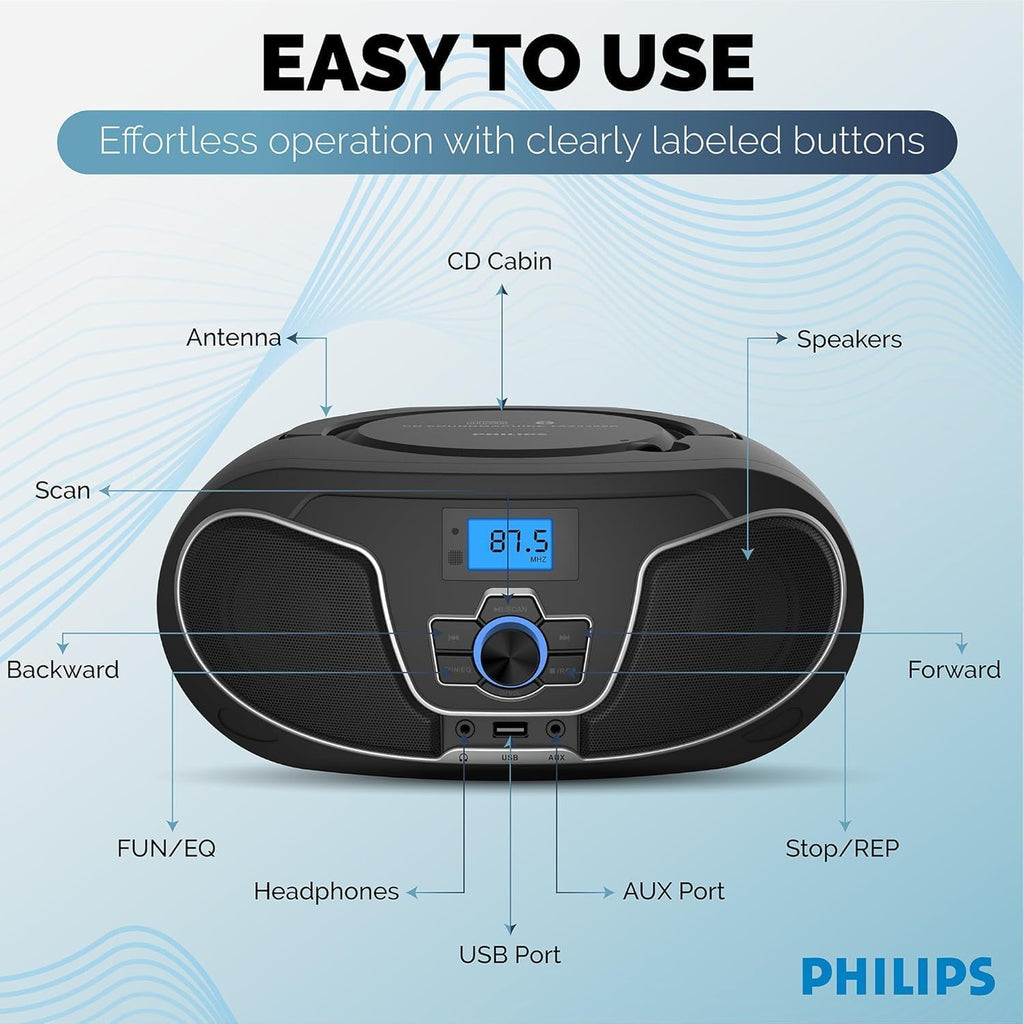 Portable CD Player Boombox with Bluetooth, FM Radio, USB Playback & AUX Input L1382