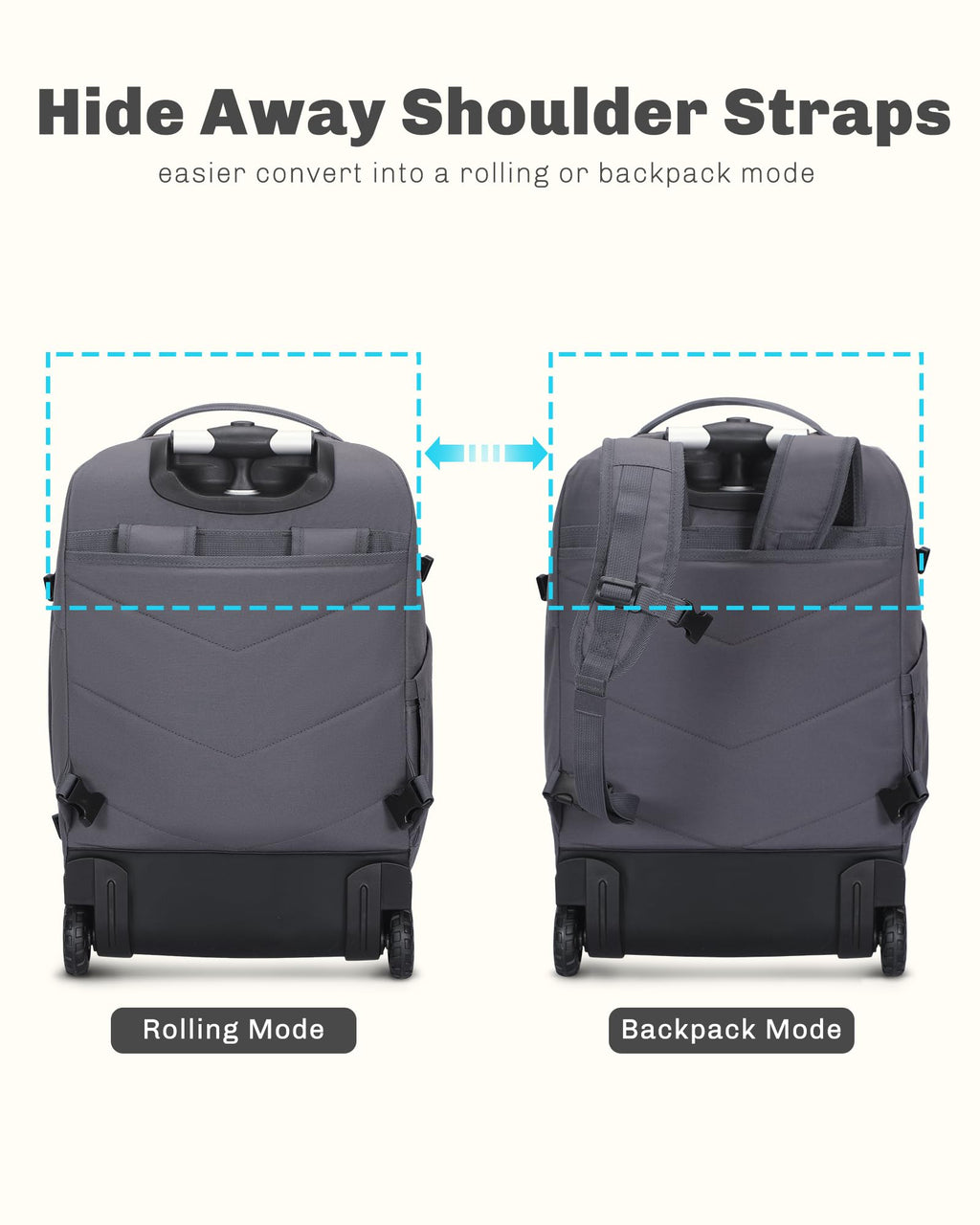 Rolling Backpack with Wheels 43L Dark Grey with Waist Pack Black I1217