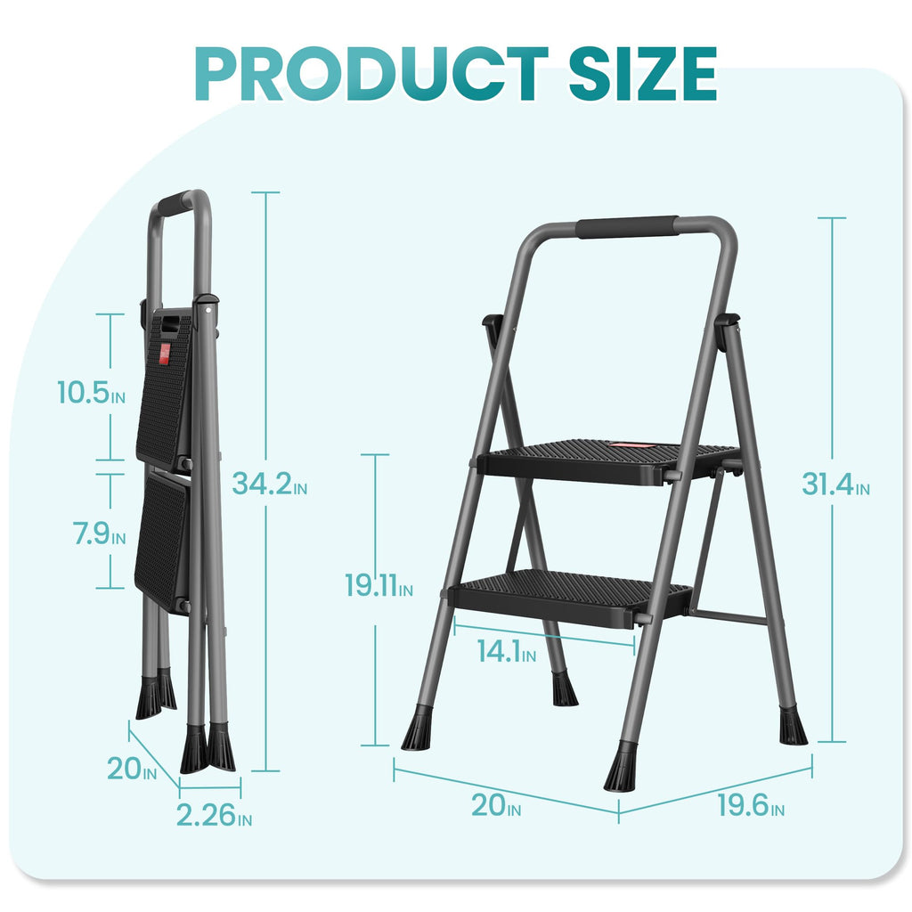 2 Step Folding Step Ladder 300 lbs Capacity with Handrail Gray O771603