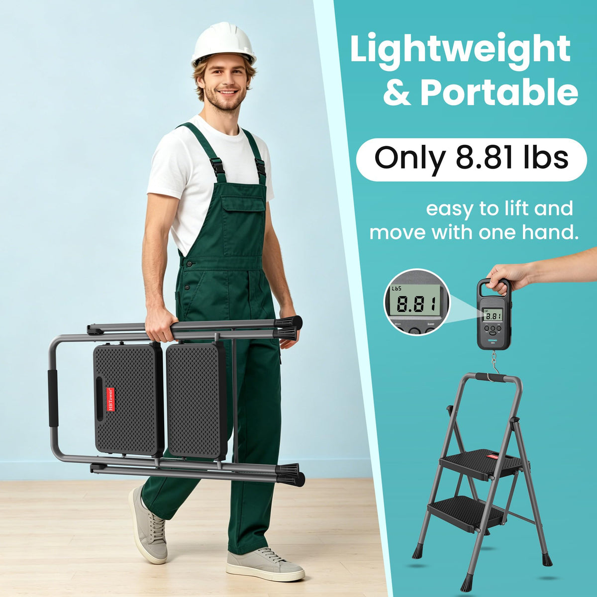 2 Step Folding Step Ladder 300 lbs Capacity with Handrail Gray O771603