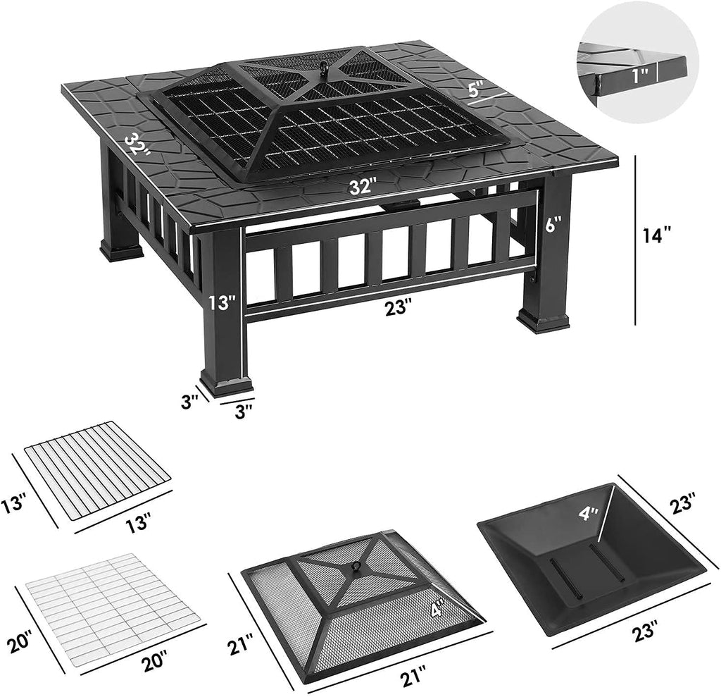 32'' Wood Burning Square Fire Pit with Grill Grate C786345