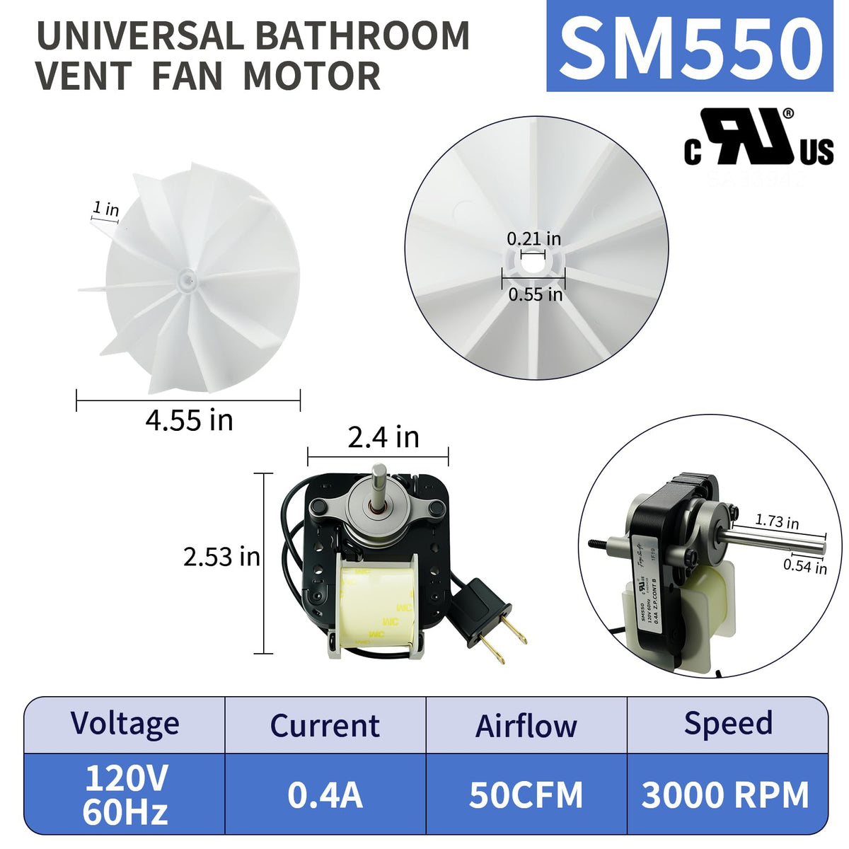 Universal Bathroom Vent Exhaust Fan Motor 50 CFM 120V 60Hz P4522