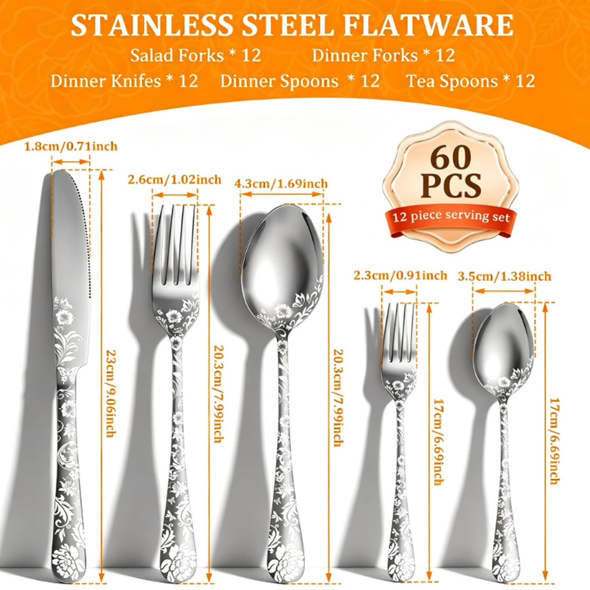 60 Piece Floral Stainless Steel Silverware Set Z353