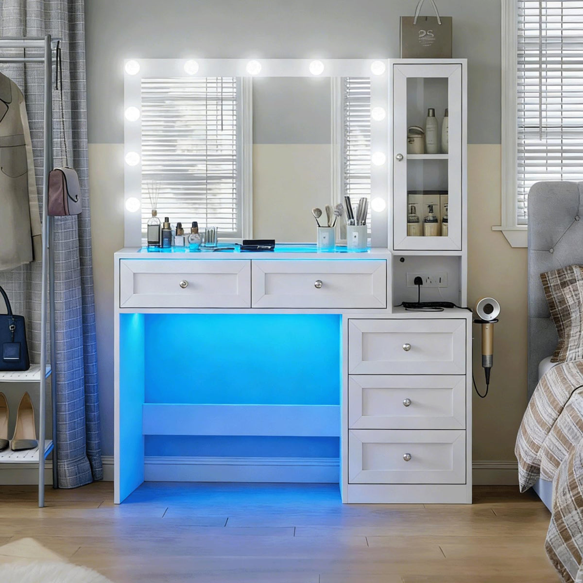 White Vanity Desk with LED Lights Mirror and 5 Storage Drawers O1654