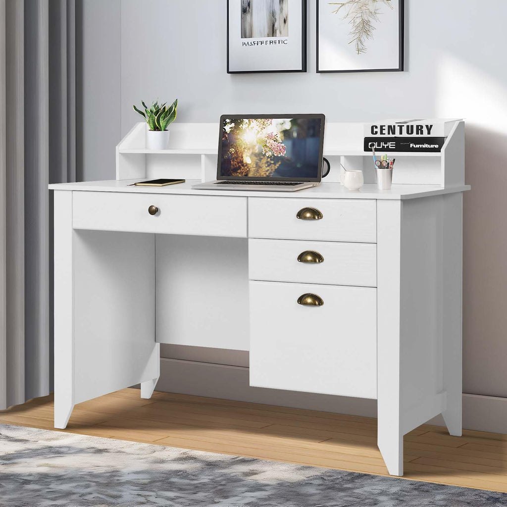 White Computer Desk with Drawers and Hutch S228