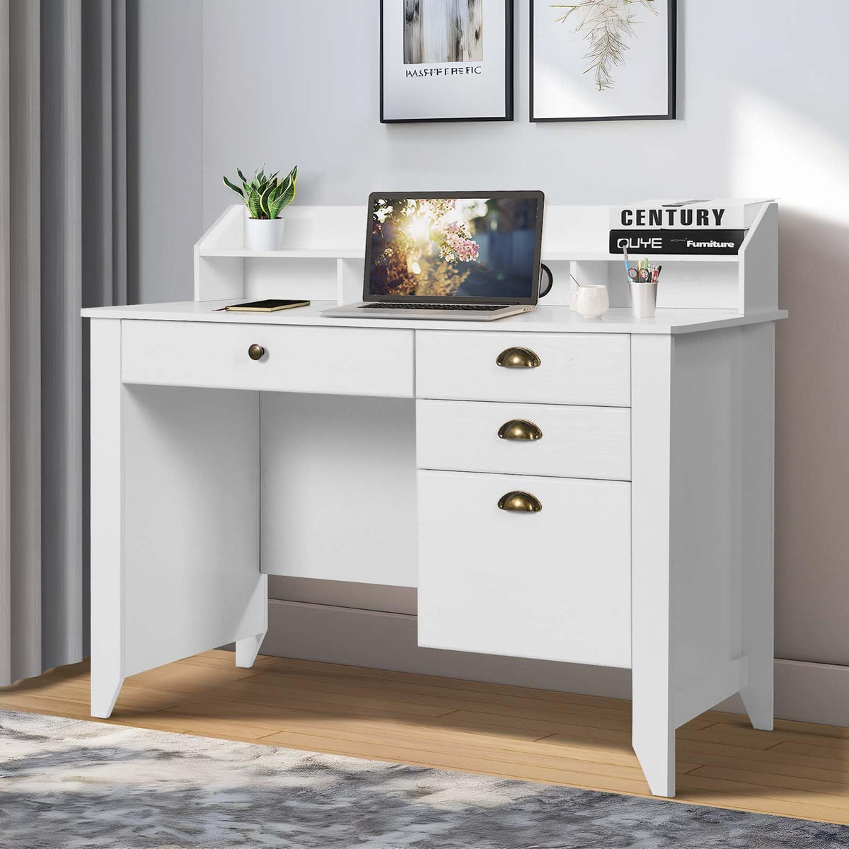 White Computer Desk with Drawers and Hutch S228