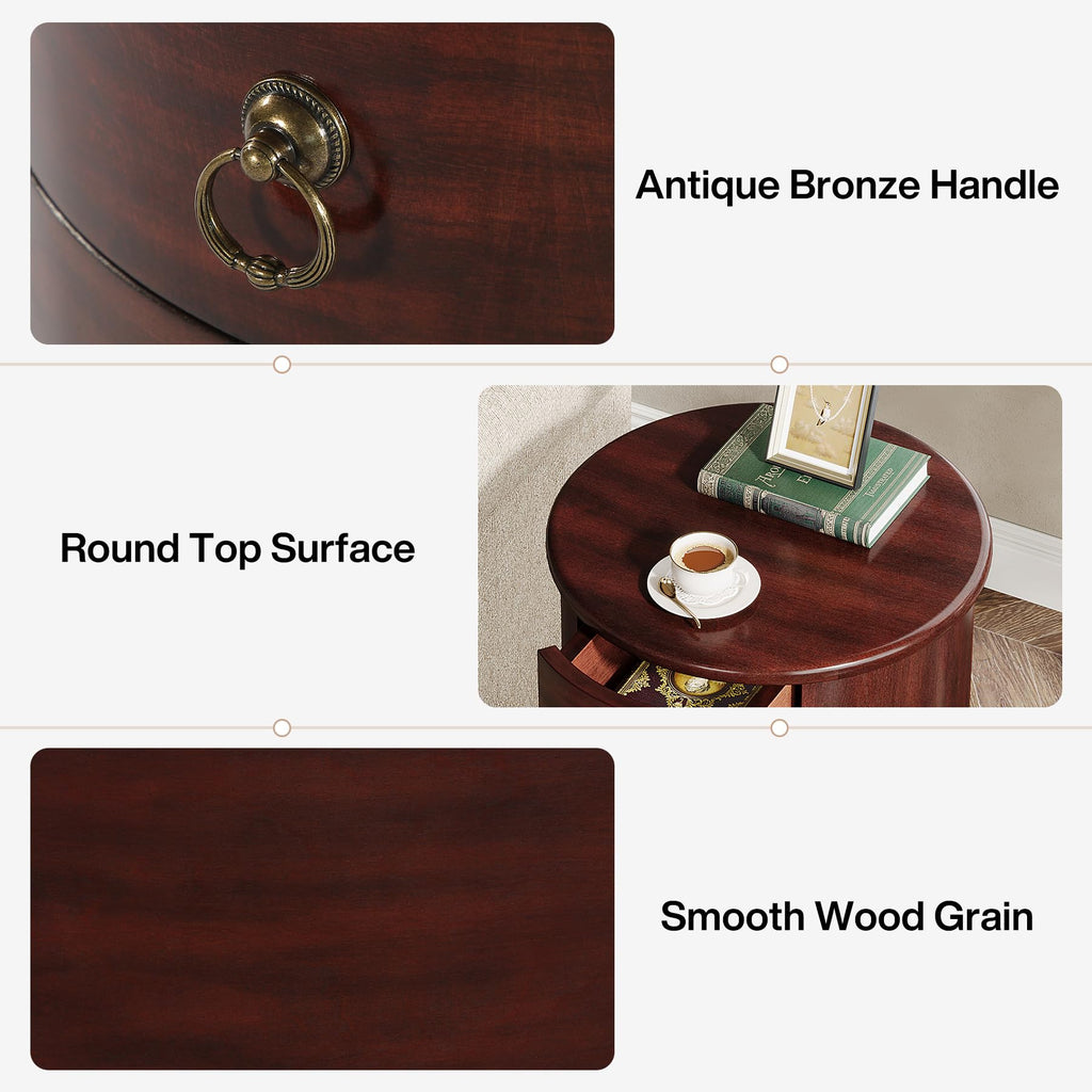 Solid Wood Round End Table with 4 Drawers E6340
