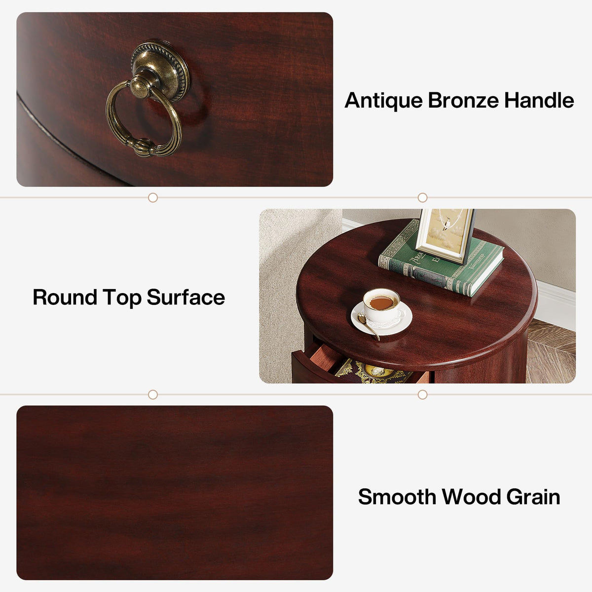 Solid Wood Round End Table with 4 Drawers E6340