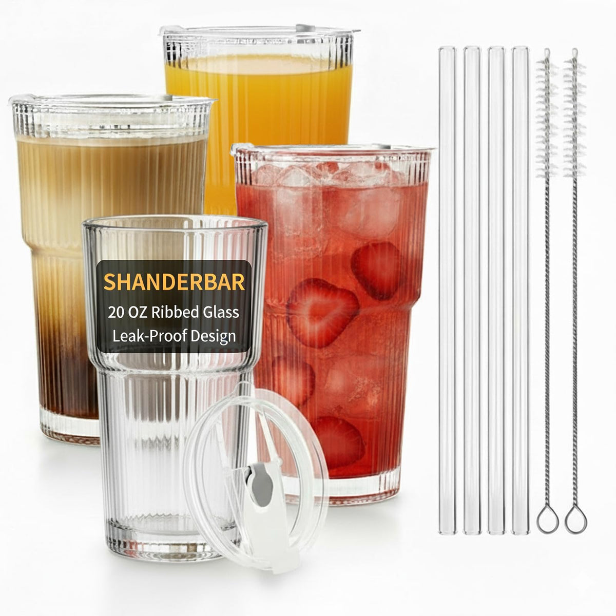 20 oz Ribbed Glass Tumblers with Lids and Straws, Set of 4 T1314