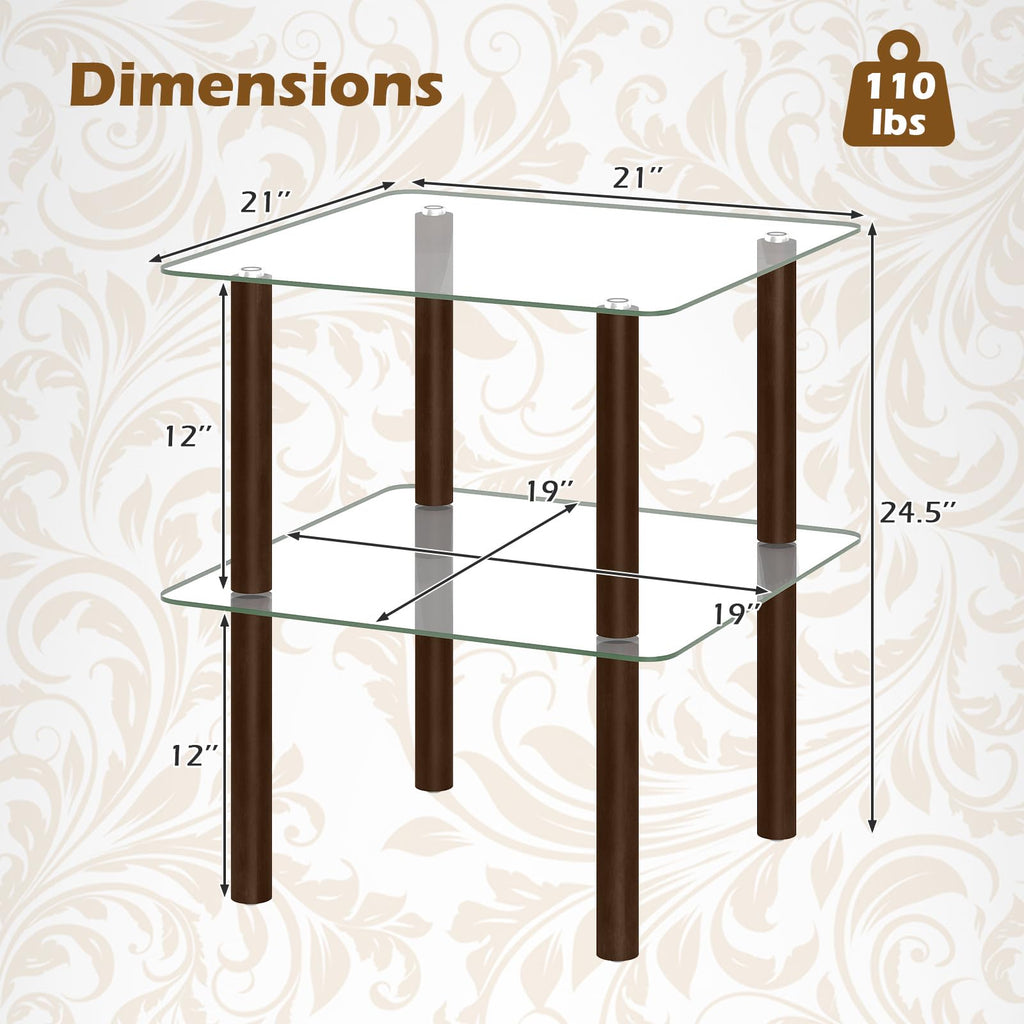 Square End Table Set of 2, 2-Tier Glass Top Sofa Side Table G6015