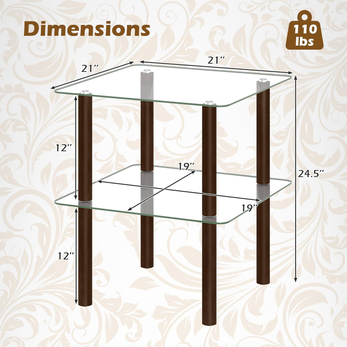 Square End Table Set of 2, 2-Tier Glass Top Sofa Side Table G6015