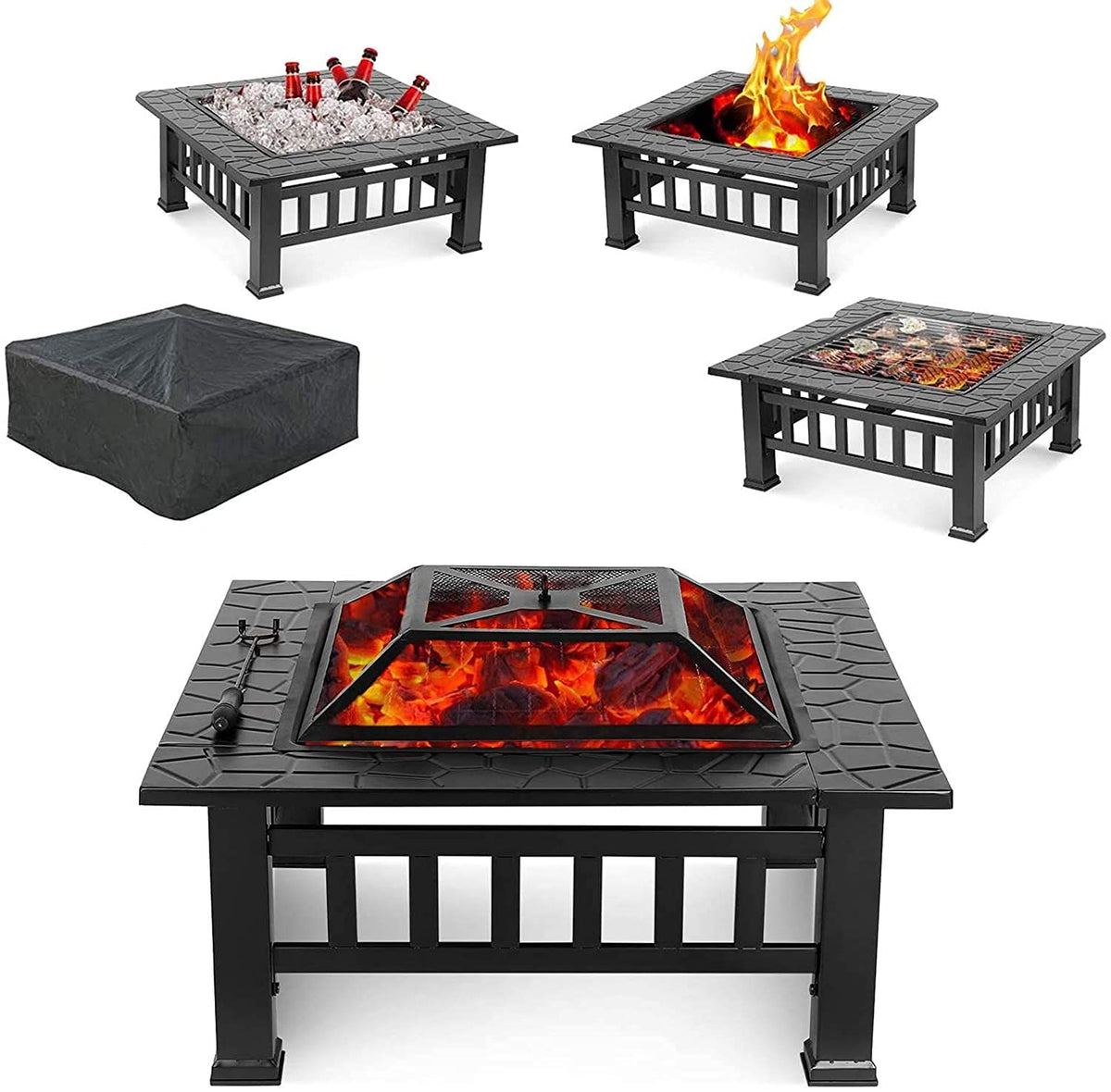 32'' Wood Burning Square Fire Pit with Grill Grate C786345