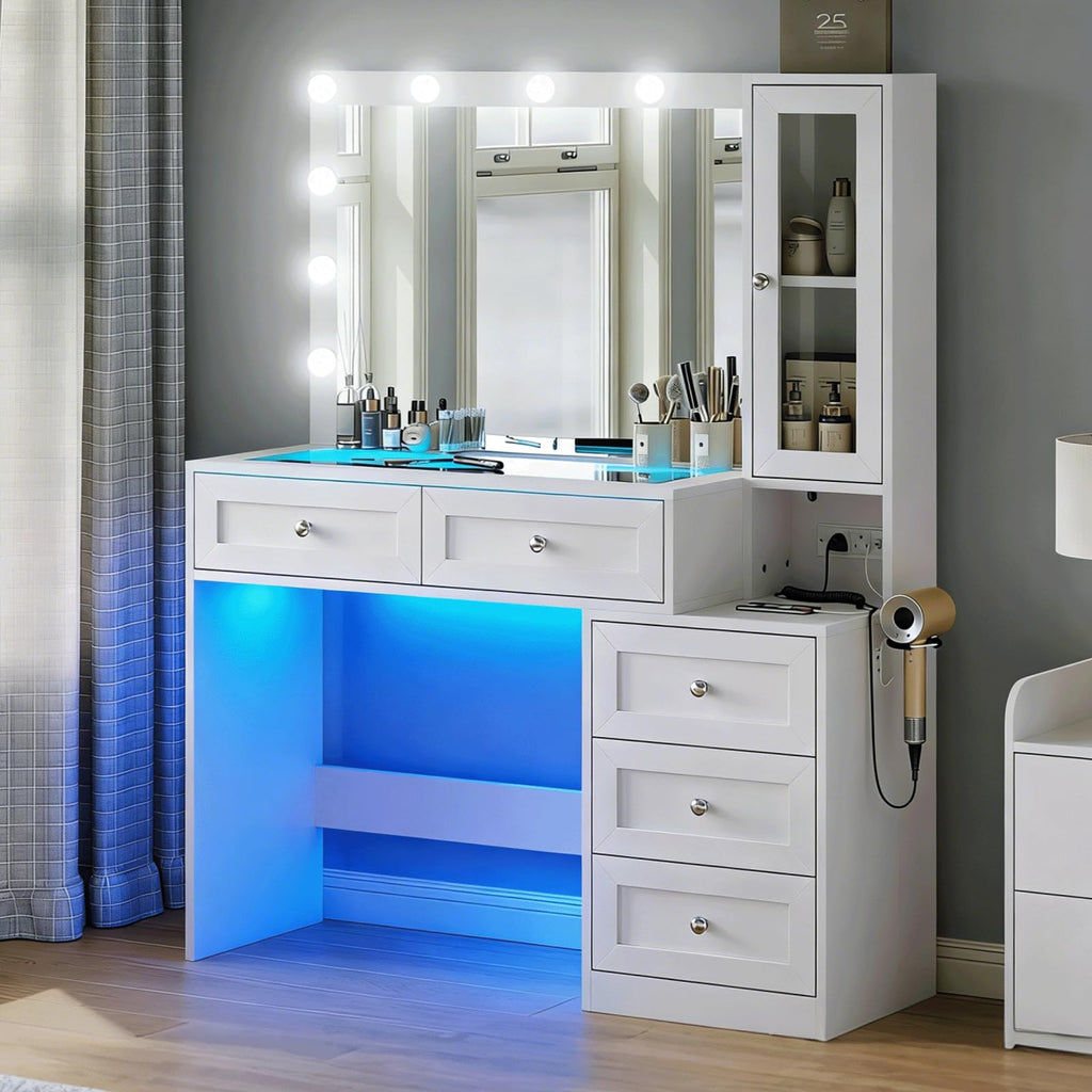 White Vanity Desk with LED Lights Mirror and 5 Storage Drawers O1654