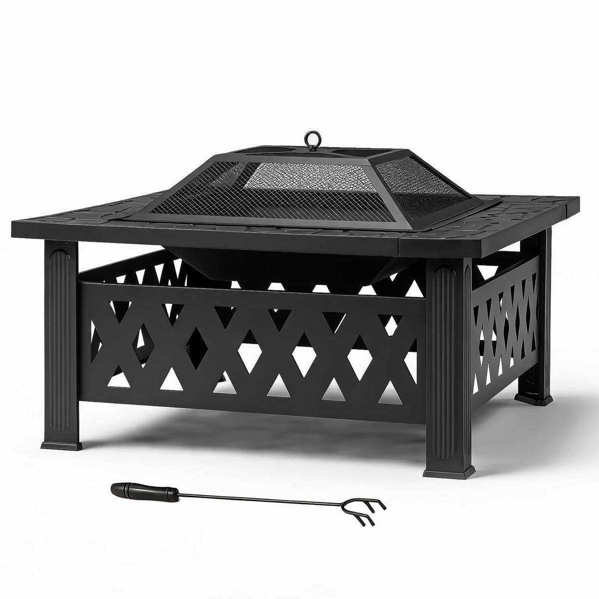 32 Inch Square Wood Burning Fire Pit Table with Spark Screen and Fire Poker B2923