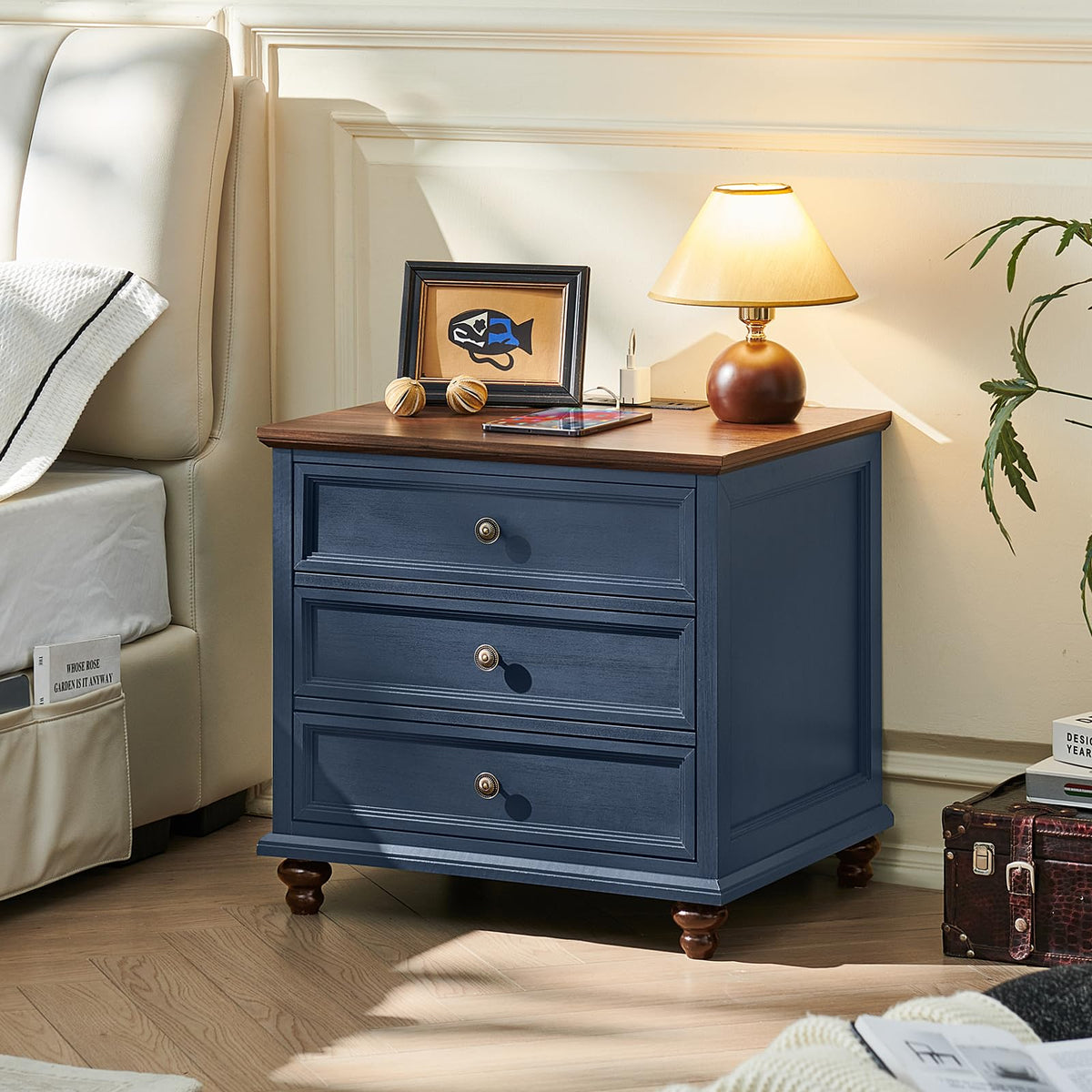 Blue Wood Nightstand Set of 2 with Charging Station W48683