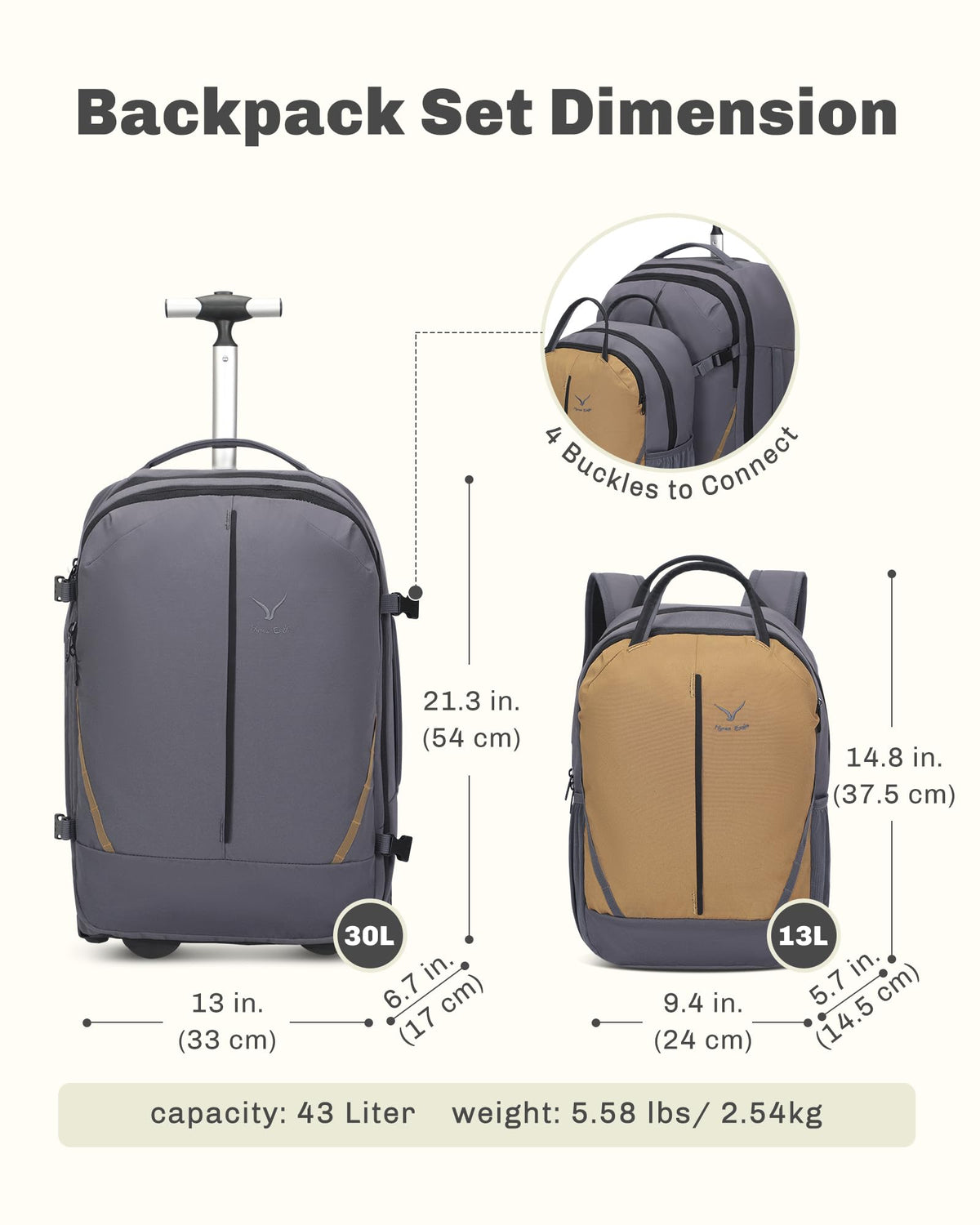 Rolling Backpack with Wheels 43L Dark Grey with Waist Pack Black I1217