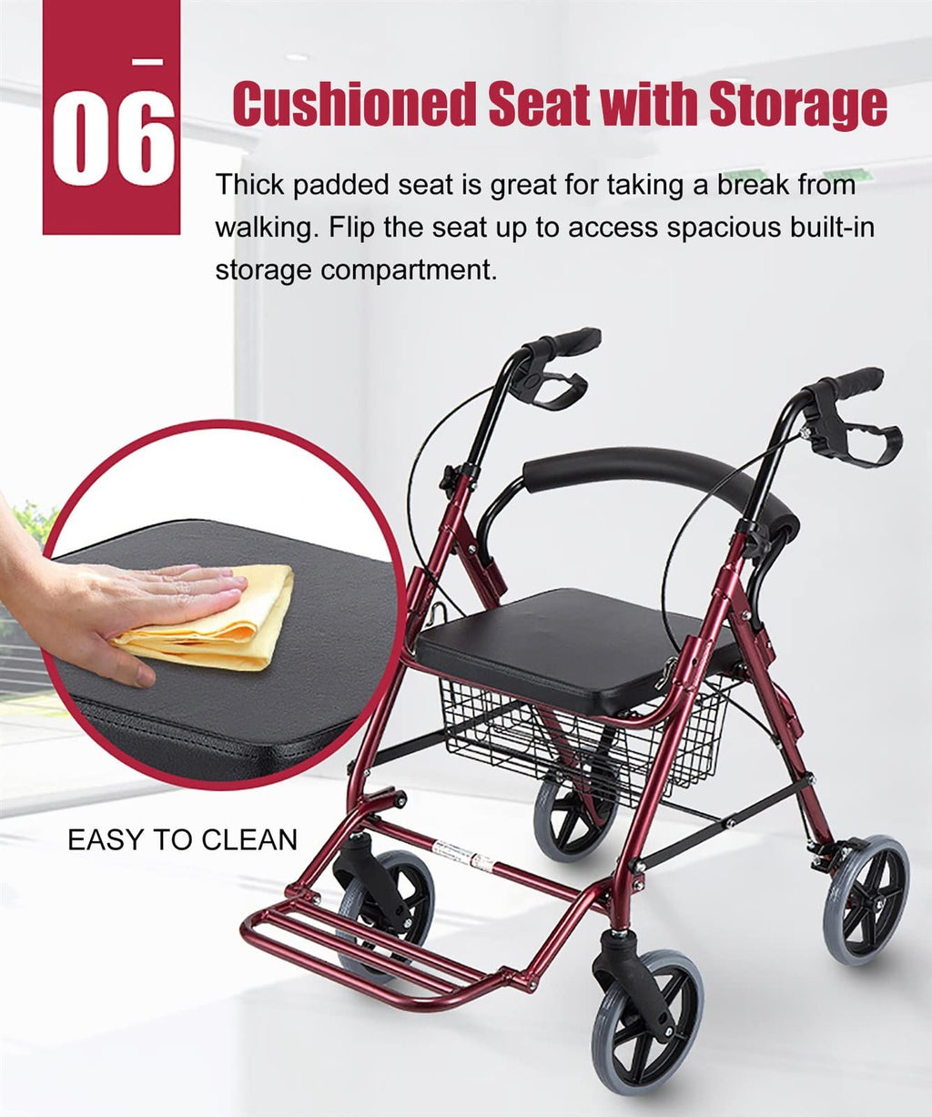 Foldable Rollator Walker with Leather Seat, 8inch Wheels, Brakes and Footrest N331