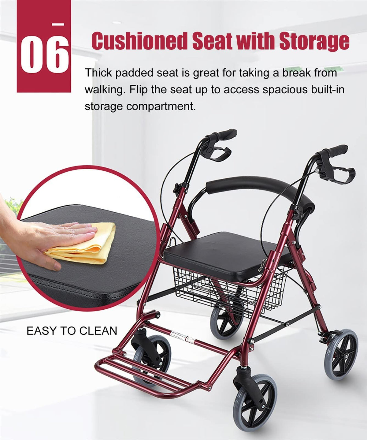 Foldable Rollator Walker with Leather Seat, 8inch Wheels, Brakes and Footrest N331