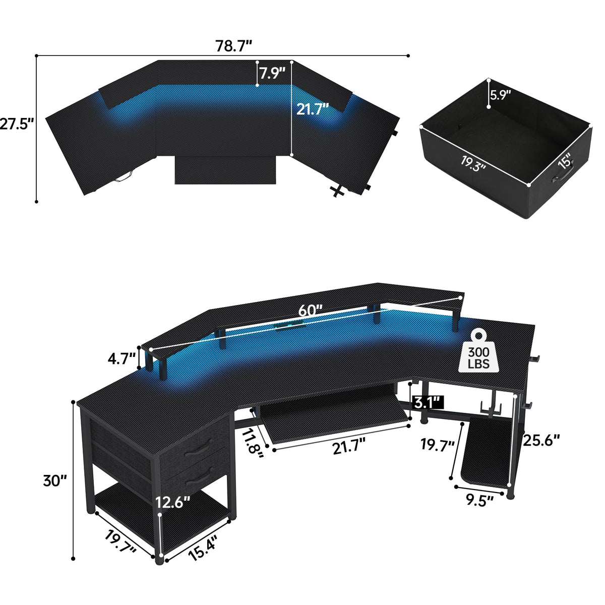 79" Gaming Desk with Fabric Drawers Storage C3487